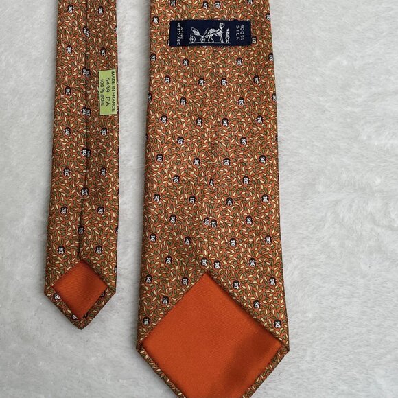 100% REAL HERMES TIE ~ ORANGE w FUN MONKEY APES HIDING IN THE BUSH TREES XL - Picture 4 of 6